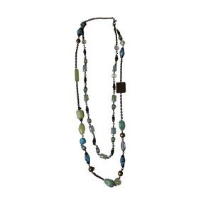 Vintage Long Beaded Double Layered Necklace Green Blue Glass Beads u Antique Bra